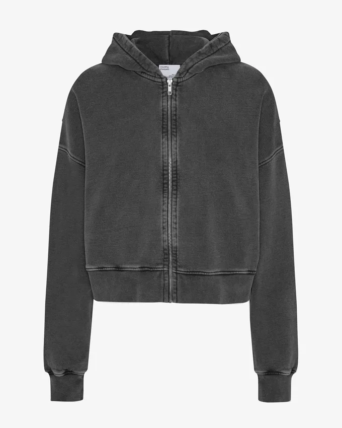 Sweat à capuche court zippé en coton bio - Noir délavé
