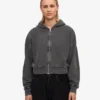 Sweat à capuche court zippé en coton bio - Noir délavé