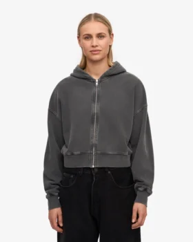 Sweat à capuche court zippé en coton bio – Noir délavé