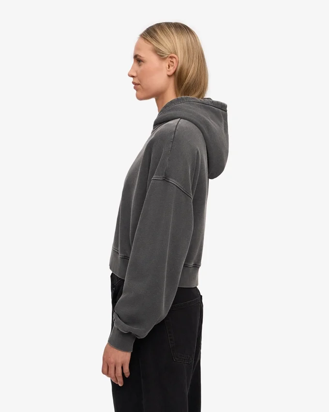 Sweat à capuche court zippé en coton bio - Noir délavé