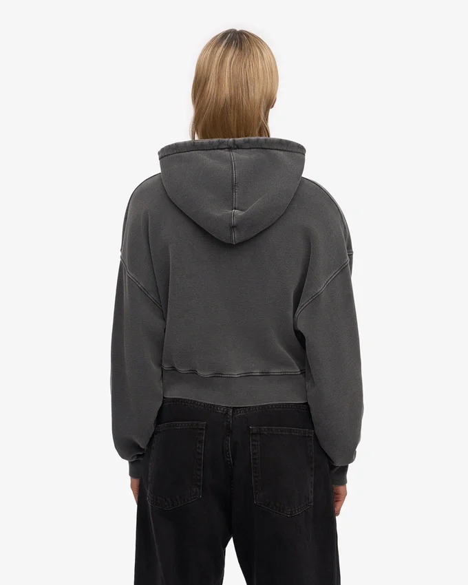 Sweat à capuche court zippé en coton bio - Noir délavé