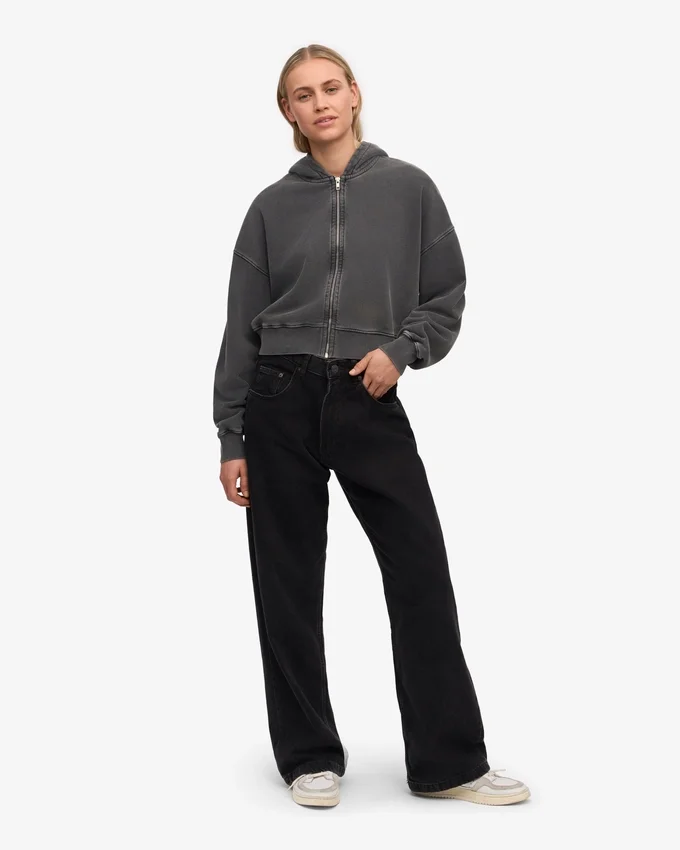 Sweat à capuche court zippé en coton bio - Noir délavé