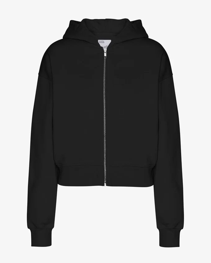 Sweat à capuche court zippé en coton bio - Noir intense