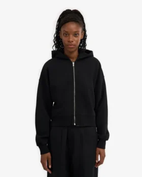 Sweat à capuche court zippé en coton bio – Noir intense