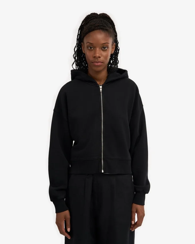 Sweat à capuche court zippé en coton bio - Noir intense