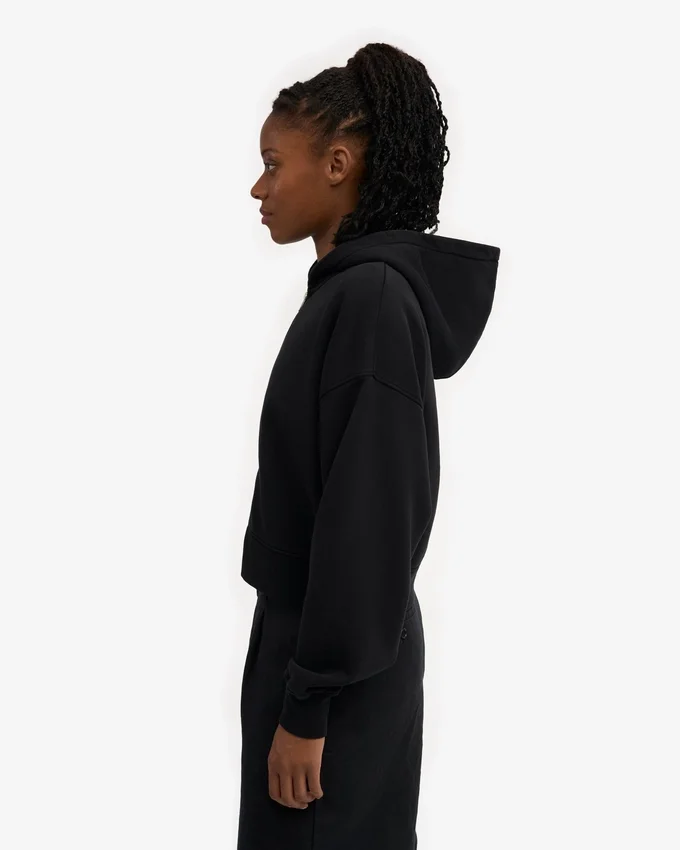 Sweat à capuche court zippé en coton bio - Noir intense