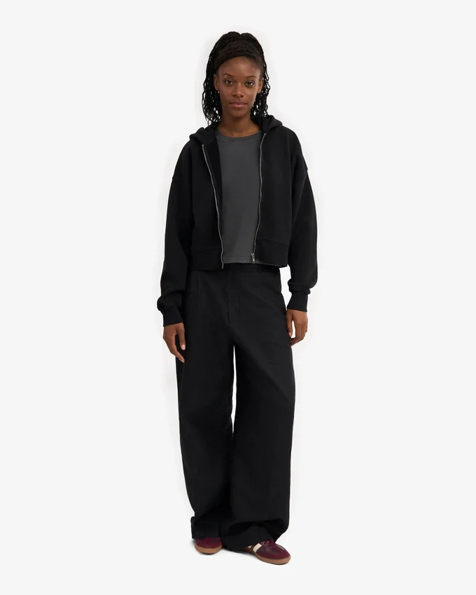 Sweat à capuche court zippé en coton bio - Noir intense