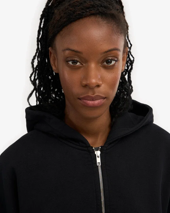 Sweat à capuche court zippé en coton bio - Noir intense