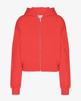 Sweat à capuche court zippé en coton bio - Rouge mandarine