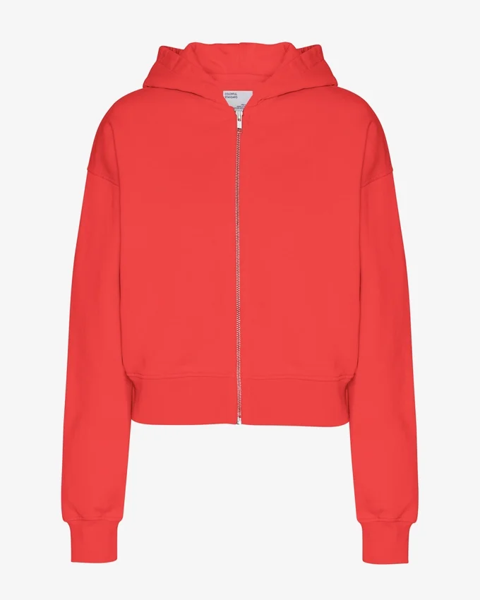 Sweat à capuche court zippé en coton bio - Rouge mandarine