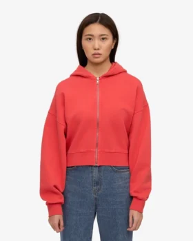Sweat à capuche court zippé en coton bio – Rouge mandarine