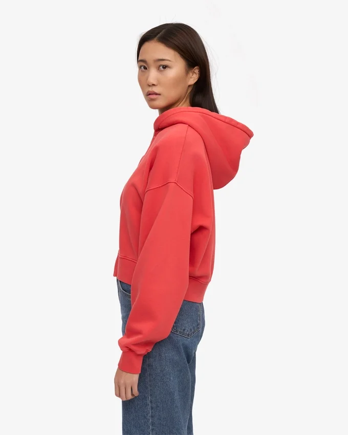 Sweat à capuche court zippé en coton bio - Rouge mandarine