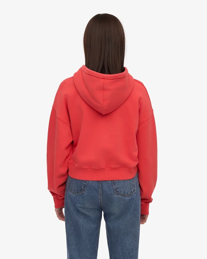 Sweat à capuche court zippé en coton bio - Rouge mandarine