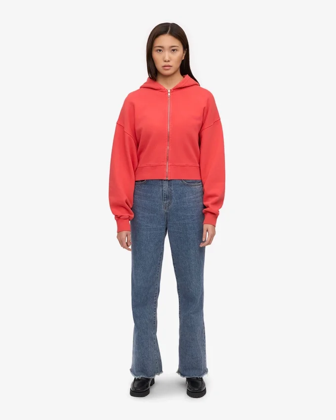 Sweat à capuche court zippé en coton bio - Rouge mandarine