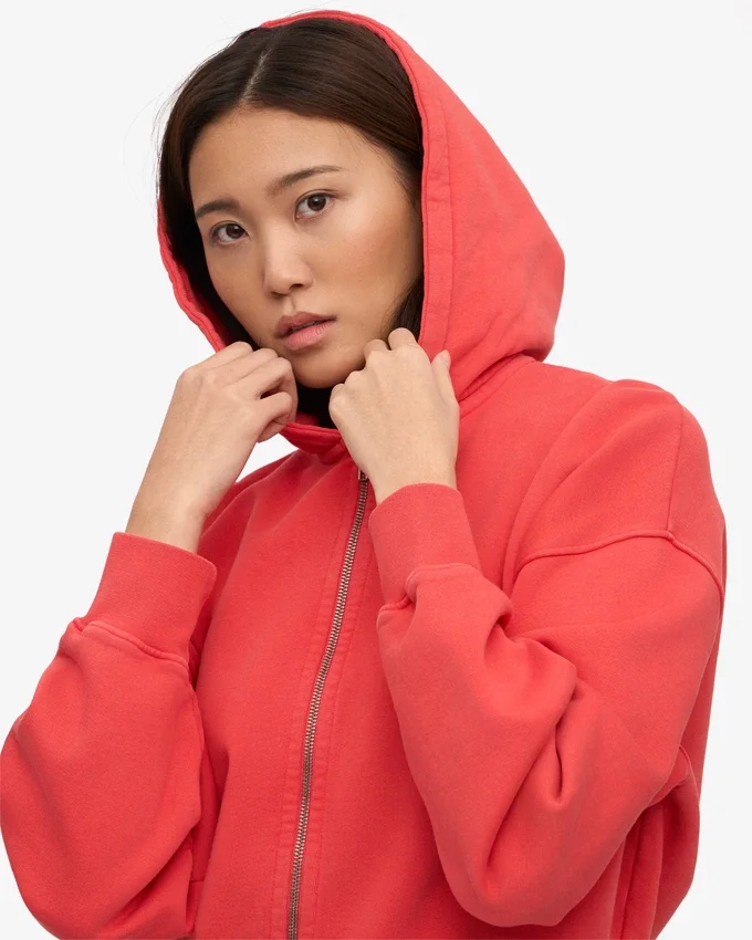 Sweat à capuche court zippé en coton bio - Rouge mandarine