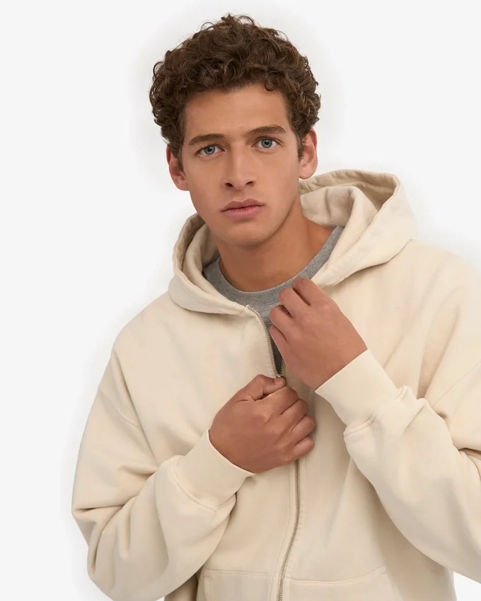Sweat à capuche oversize en coton bio avec fermeture éclair - Blanc ivoire
