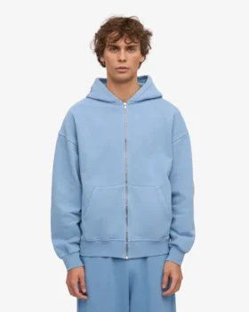 Sweat à capuche oversize en coton bio avec fermeture éclair – Bleu bord de mer