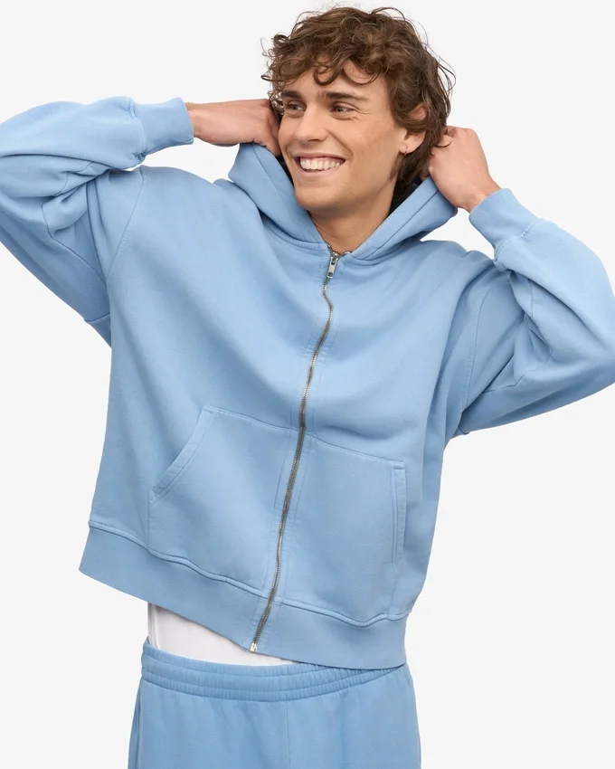 Sweat à capuche oversize en coton bio avec fermeture éclair - Bleu bord de mer