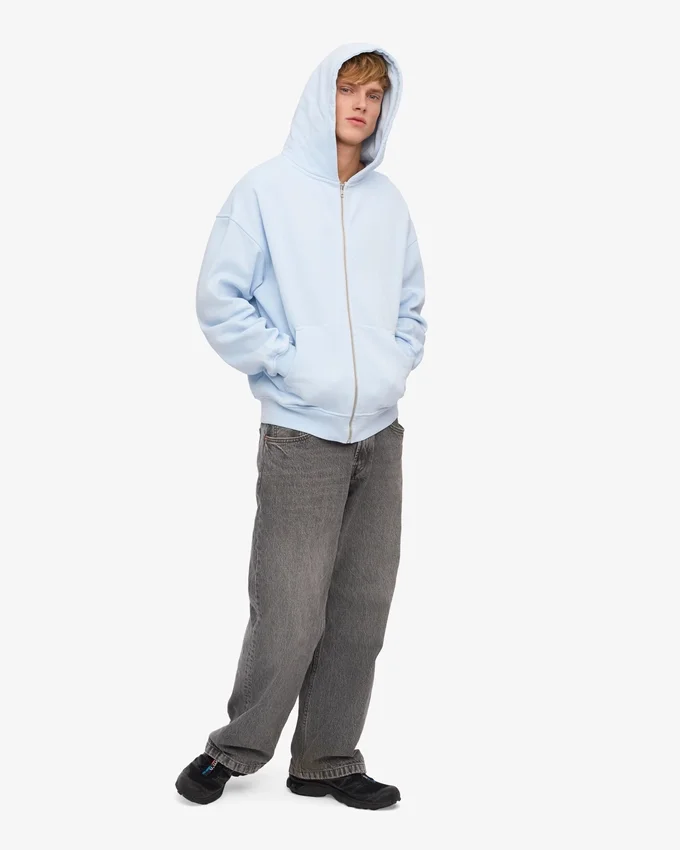 Sweat à capuche oversize en coton bio avec fermeture éclair - Bleu polaire