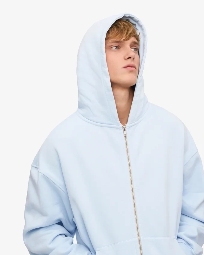 Sweat à capuche oversize en coton bio avec fermeture éclair - Bleu polaire