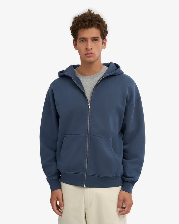 Sweat à capuche oversize en coton bio avec fermeture éclair - Bleu pétrole