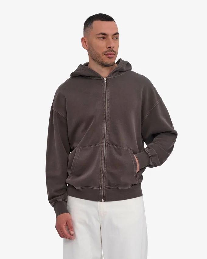 Sweat à capuche oversize en coton bio avec fermeture éclair - Faded Mud