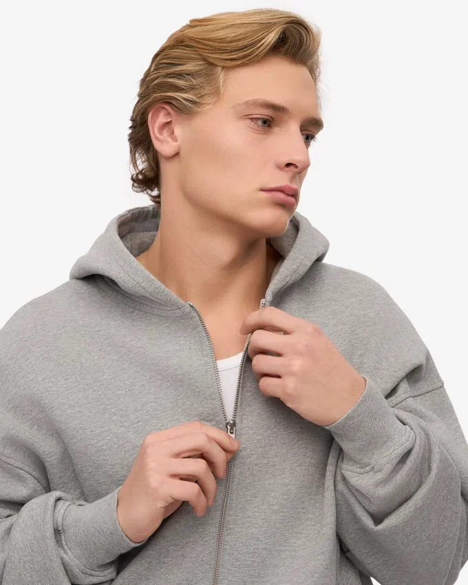 Sweat à capuche oversize en coton bio avec fermeture éclair - Gris chiné