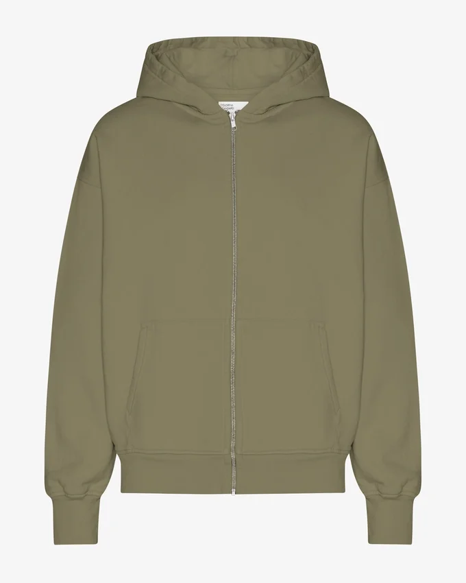 Sweat à capuche oversize en coton bio avec fermeture éclair - Olive poussiéreux
