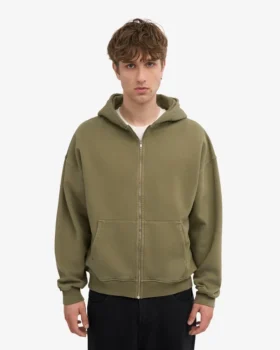 Sweat à capuche oversize en coton bio avec fermeture éclair – Olive poussiéreux