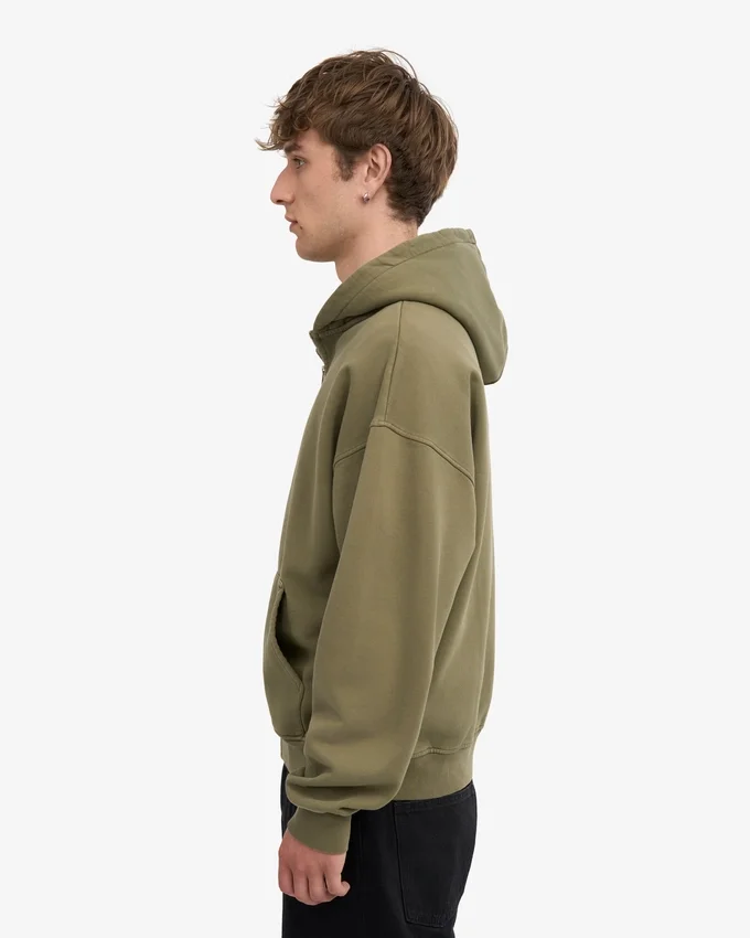 Sweat à capuche oversize en coton bio avec fermeture éclair - Olive poussiéreux