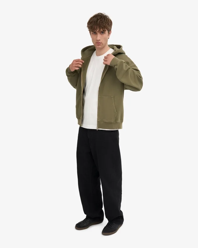 Sweat à capuche oversize en coton bio avec fermeture éclair - Olive poussiéreux