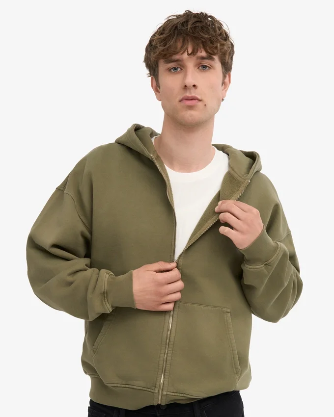 Sweat à capuche oversize en coton bio avec fermeture éclair - Olive poussiéreux