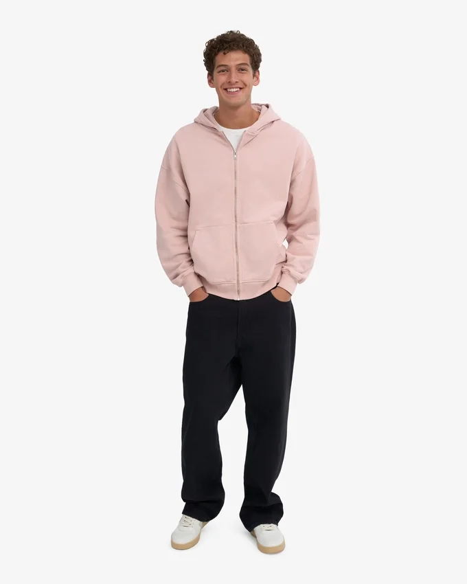 Sweat à capuche oversize en coton bio avec fermeture éclair - Rose délavé