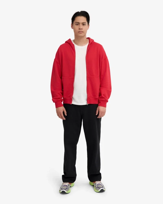 Sweat à capuche oversize en coton bio avec fermeture éclair - Rouge écarlate