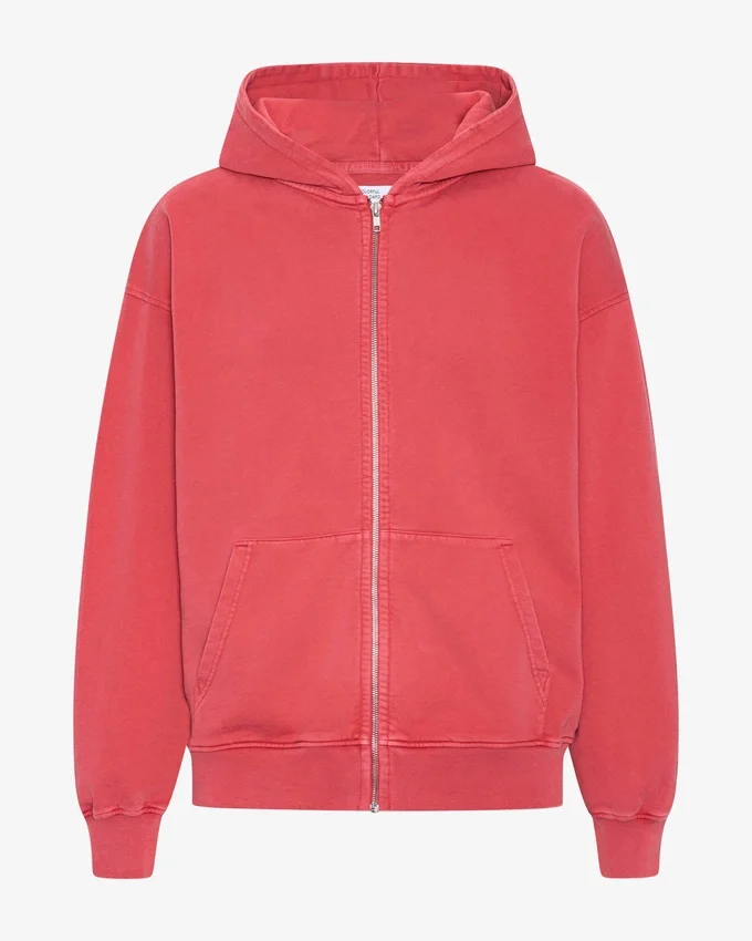 Sweat à capuche oversize en coton bio avec fermeture éclair - Rouge délavé