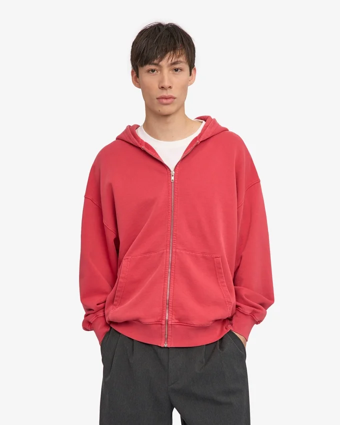 Sweat à capuche oversize en coton bio avec fermeture éclair - Rouge délavé