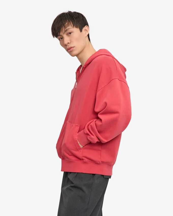 Sweat à capuche oversize en coton bio avec fermeture éclair - Rouge délavé