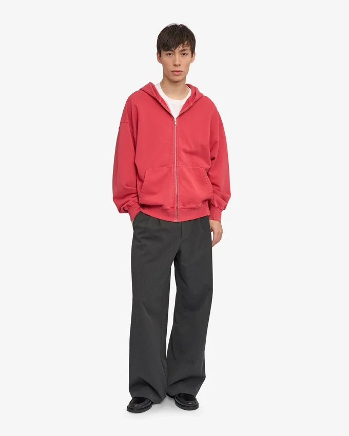 Sweat à capuche oversize en coton bio avec fermeture éclair - Rouge délavé