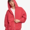Sweat à capuche oversize en coton bio avec fermeture éclair - Rouge délavé