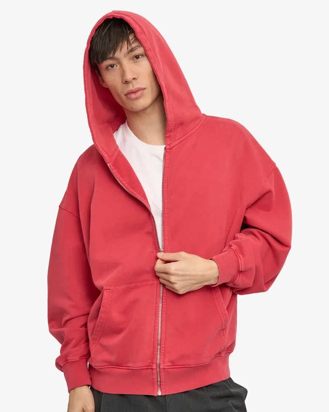 Sweat à capuche oversize en coton bio avec fermeture éclair - Rouge délavé