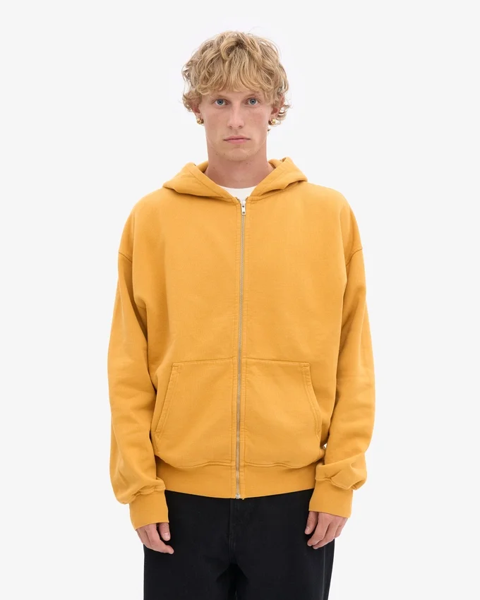 Sweat à capuche oversize en laine mérinos bio avec fermeture éclair - Jaune brûlé