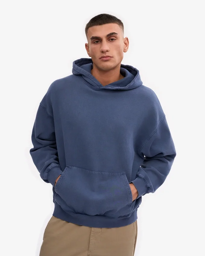 Sweat à capuche oversize en laine mérinos bio - Bleu Neptune