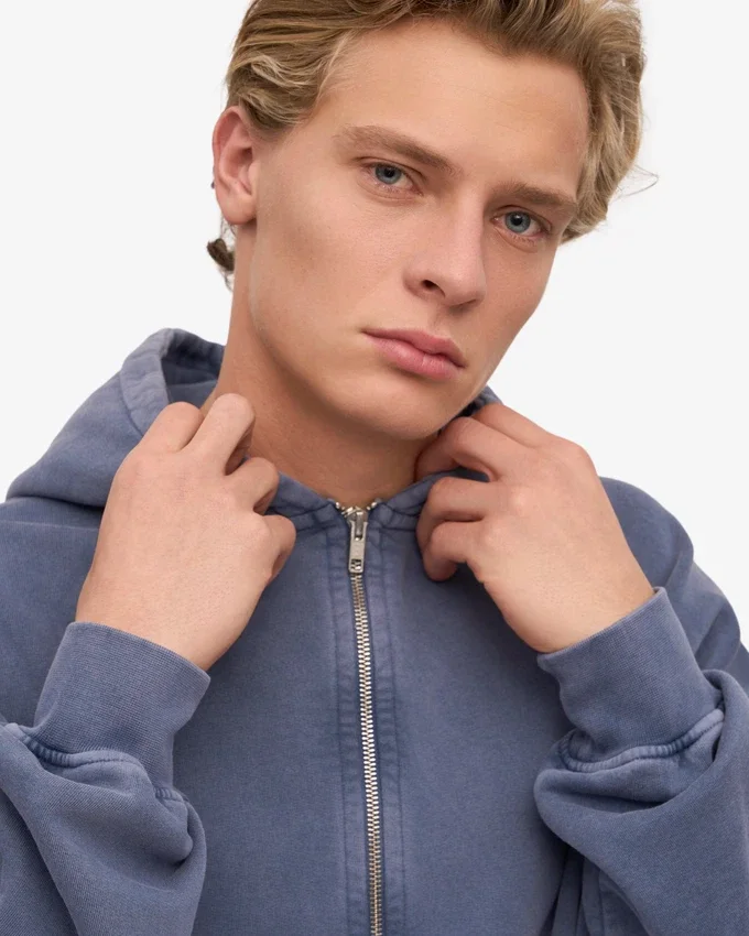 Sweat à capuche oversize zippé bio - Bleu Neptune