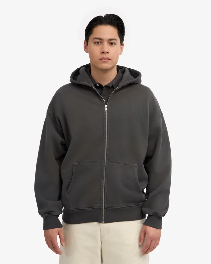 Sweat à capuche oversize zippé en coton bio - Gris lave