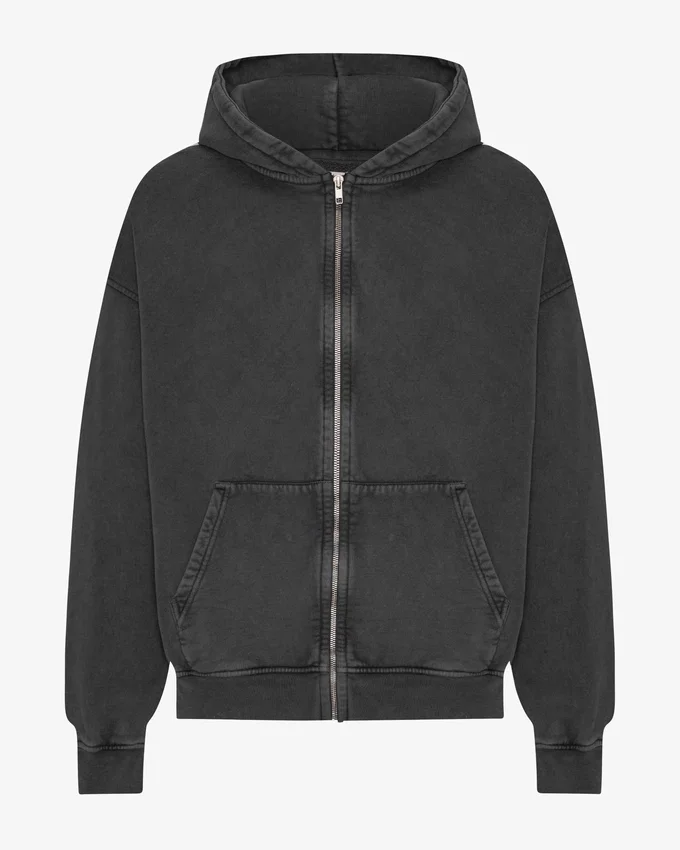 Sweat à capuche oversize zippé en coton bio - Noir délavé