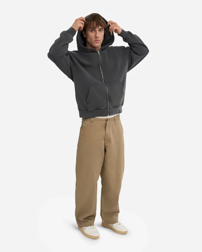 Sweat à capuche oversize zippé en coton bio - Noir délavé