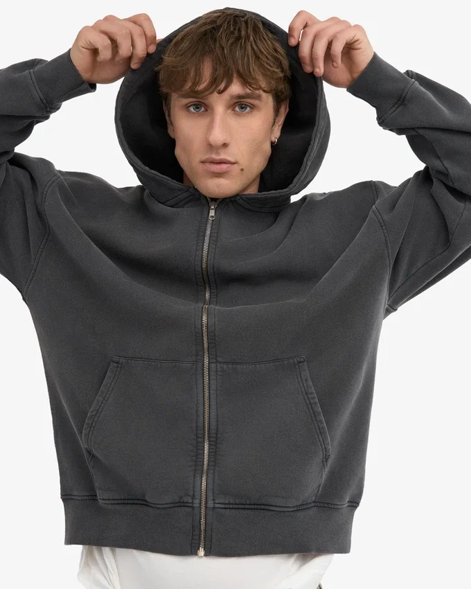 Sweat à capuche oversize zippé en coton bio - Noir délavé
