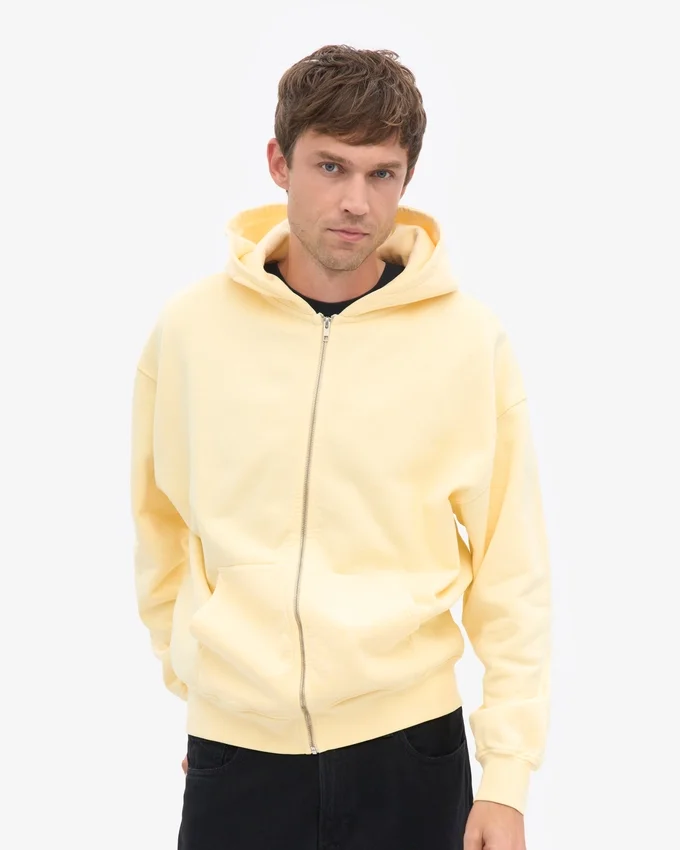Sweat à capuche zippé oversize en coton bio - Jaune pâle