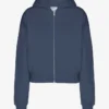 Sweat court à capuche zippé en coton bio - Bleu pétrole