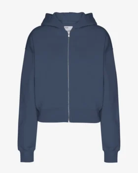 Sweat court à capuche zippé en coton bio - Bleu pétrole